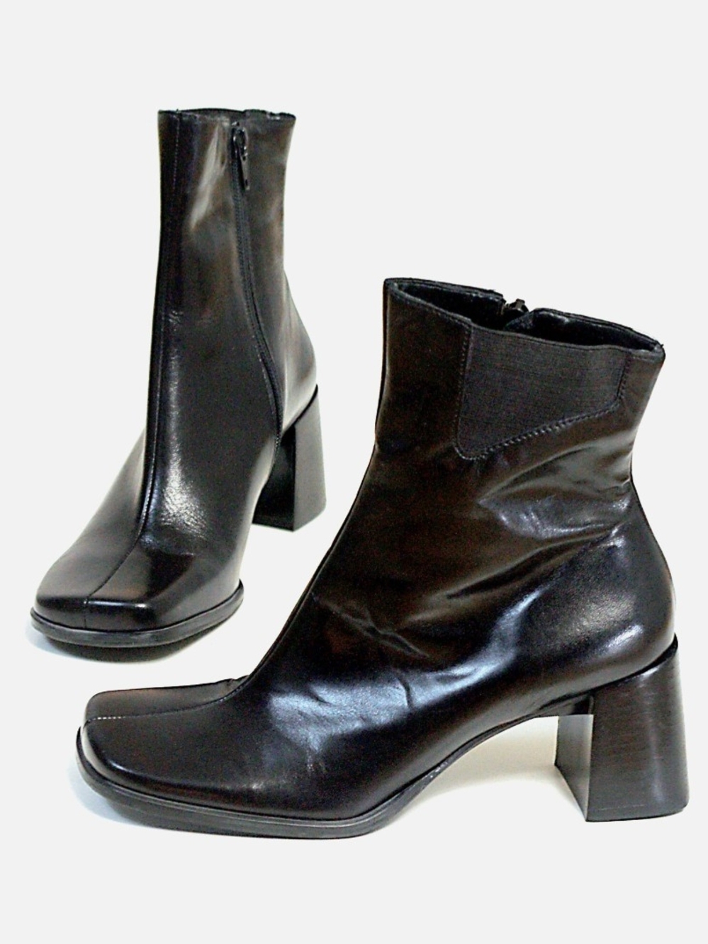 Women’s Black Leather Ankle Boots with Block Heel